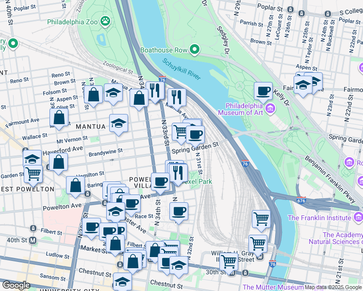 map of restaurants, bars, coffee shops, grocery stores, and more near 508 North 32nd Street in Philadelphia