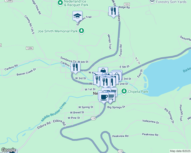 map of restaurants, bars, coffee shops, grocery stores, and more near 106 West 3rd Street in Nederland
