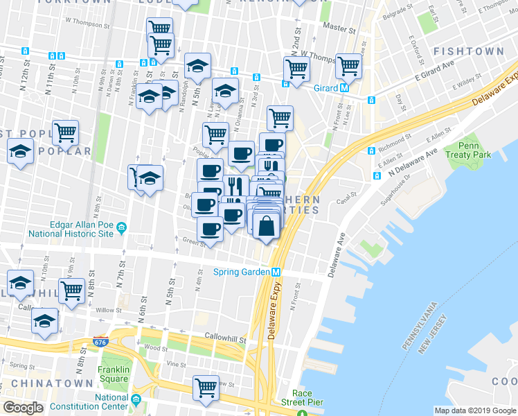 map of restaurants, bars, coffee shops, grocery stores, and more near 211 Brown Street in Philadelphia