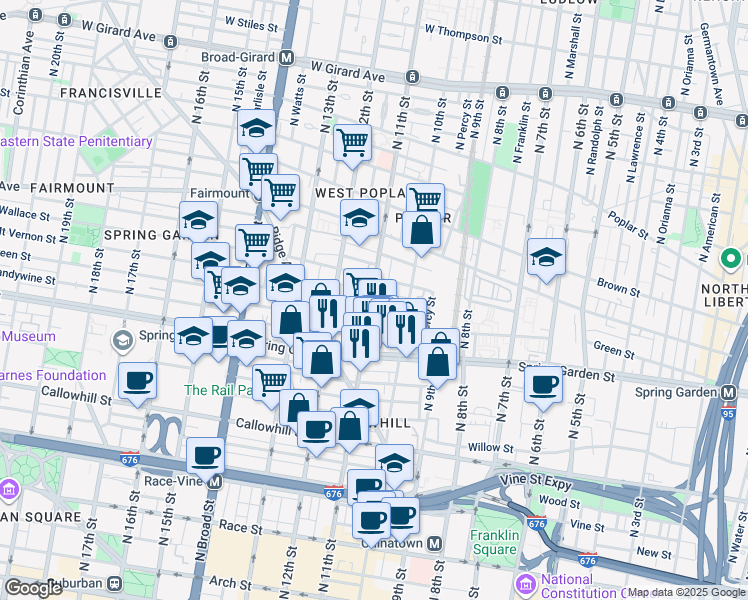 map of restaurants, bars, coffee shops, grocery stores, and more near 1041 Mount Vernon Street in Philadelphia