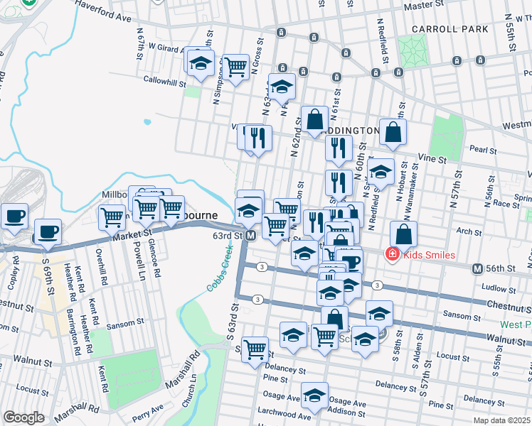 map of restaurants, bars, coffee shops, grocery stores, and more near 41 North Felton Street in Philadelphia