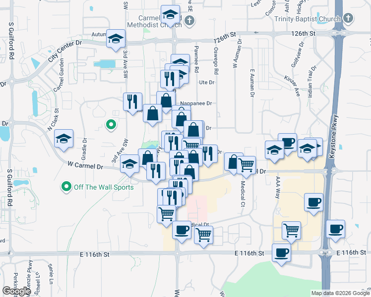 map of restaurants, bars, coffee shops, grocery stores, and more near 1217 South Rangeline Road in Carmel
