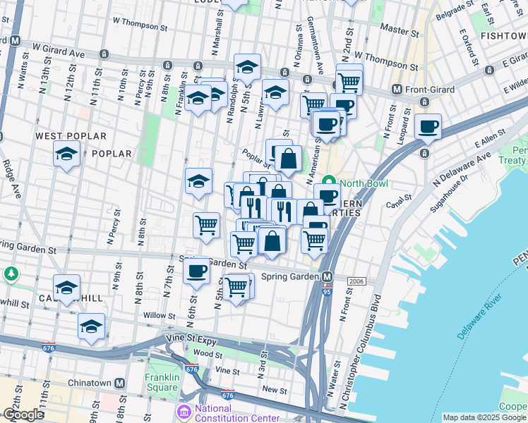 map of restaurants, bars, coffee shops, grocery stores, and more near 335 Fairmount Avenue in Philadelphia