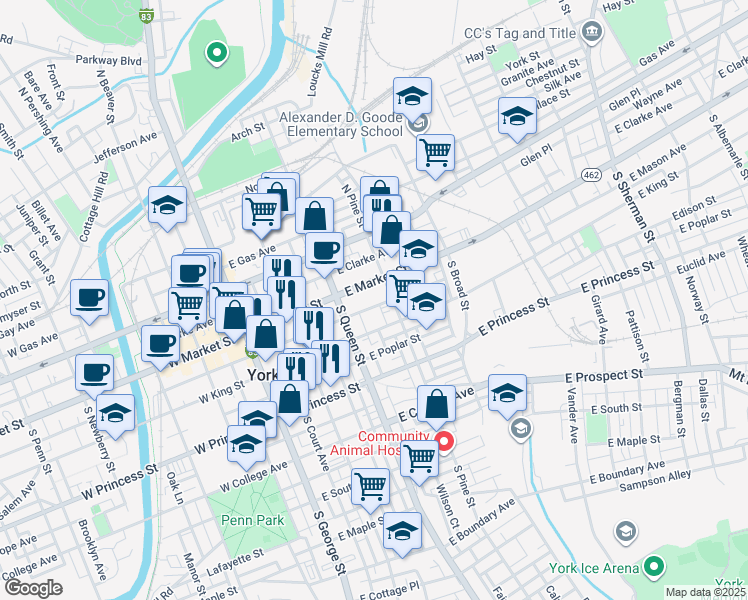 map of restaurants, bars, coffee shops, grocery stores, and more near 241 East King Street in York