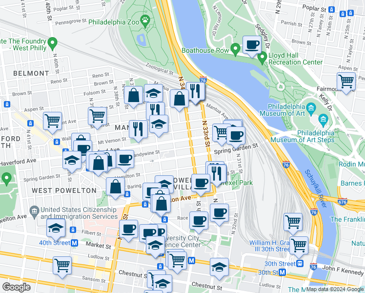 map of restaurants, bars, coffee shops, grocery stores, and more near 3417 Brandywine Street in Philadelphia