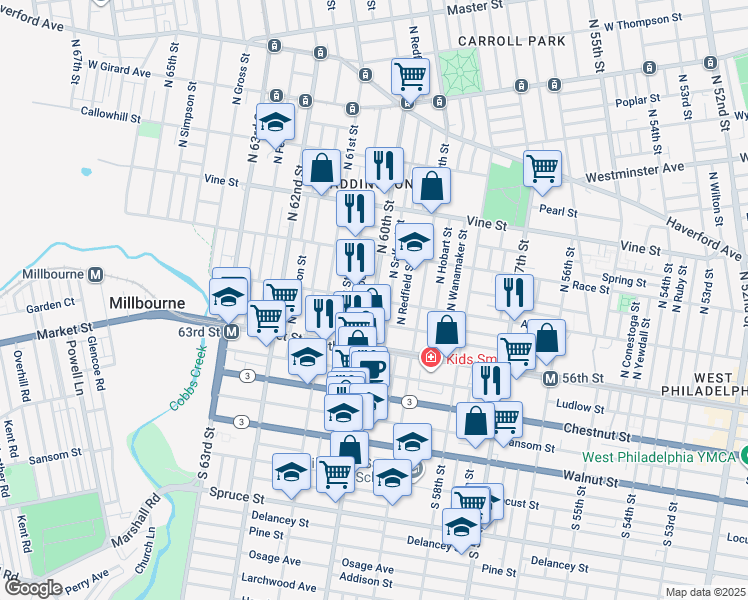 map of restaurants, bars, coffee shops, grocery stores, and more near Arch St & N 60th St in Philadelphia