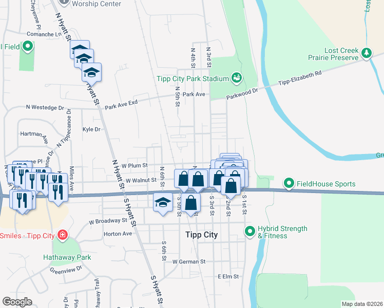 map of restaurants, bars, coffee shops, grocery stores, and more near 31 West Plum Street in Tipp City