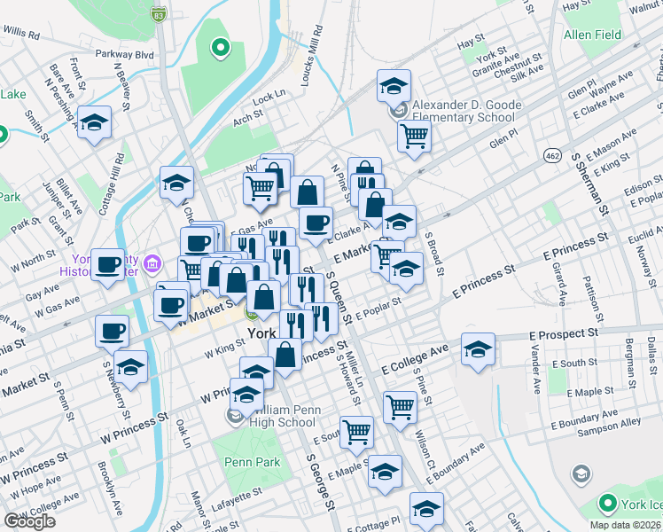 map of restaurants, bars, coffee shops, grocery stores, and more near 28 South Queen Street in York