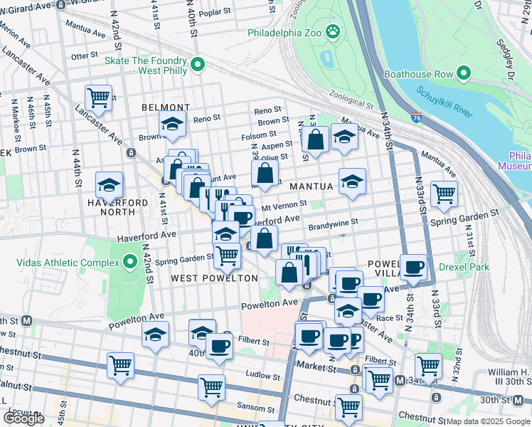 map of restaurants, bars, coffee shops, grocery stores, and more near 613 North 39th Street in Philadelphia