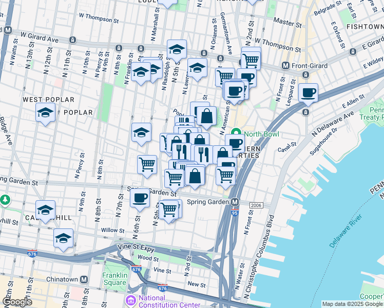map of restaurants, bars, coffee shops, grocery stores, and more near 322 Brown Street in Philadelphia