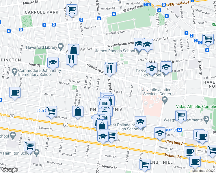 map of restaurants, bars, coffee shops, grocery stores, and more near 212 North 52nd Street in Philadelphia