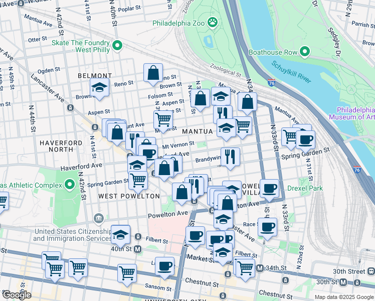 map of restaurants, bars, coffee shops, grocery stores, and more near 3805 Haverford Avenue in Philadelphia