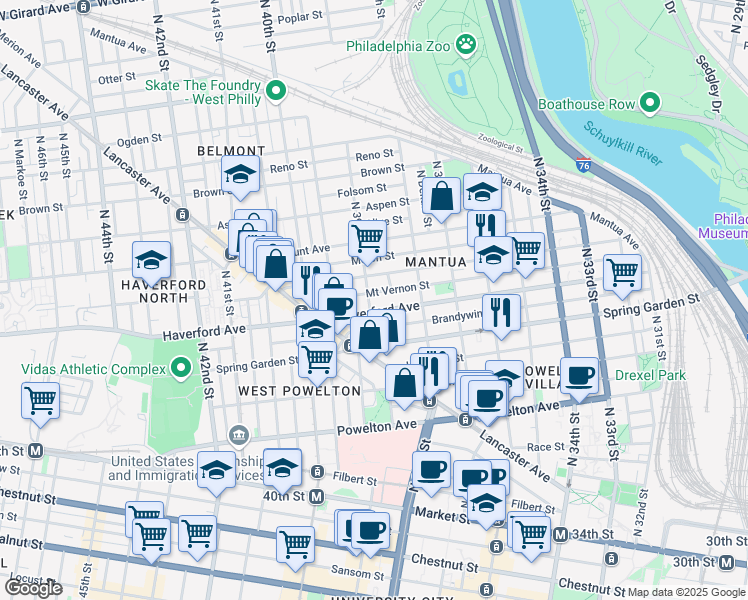 map of restaurants, bars, coffee shops, grocery stores, and more near 613 North 39th Street in Philadelphia