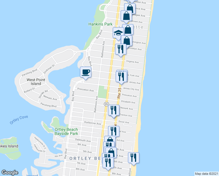map of restaurants, bars, coffee shops, grocery stores, and more near 110 Jersey City Avenue in Lavallette