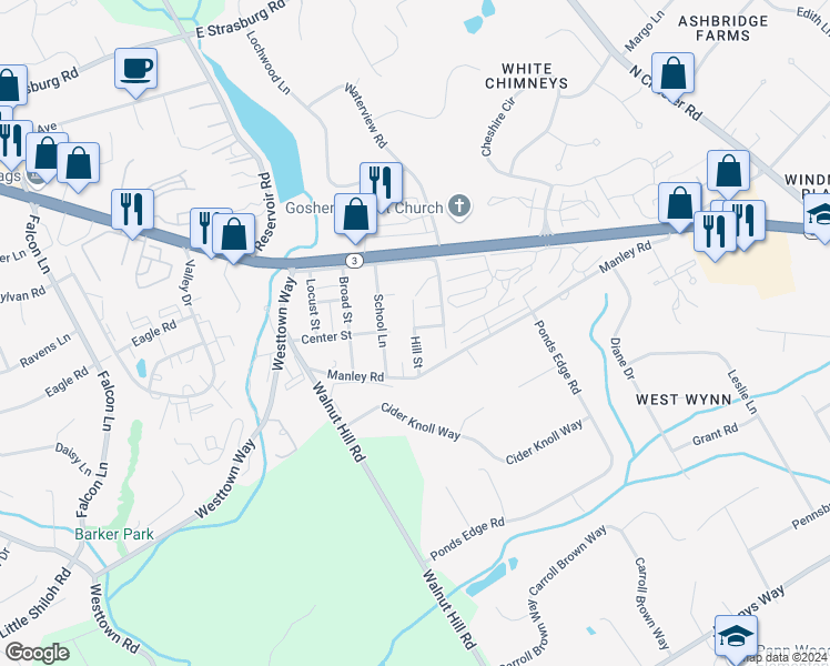 map of restaurants, bars, coffee shops, grocery stores, and more near Hill Street in West Chester
