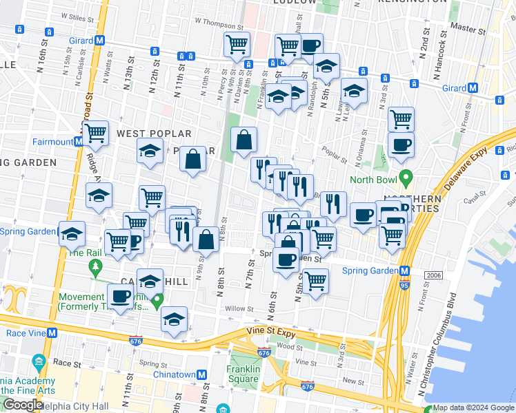 map of restaurants, bars, coffee shops, grocery stores, and more near 631 Beulah Place in Philadelphia