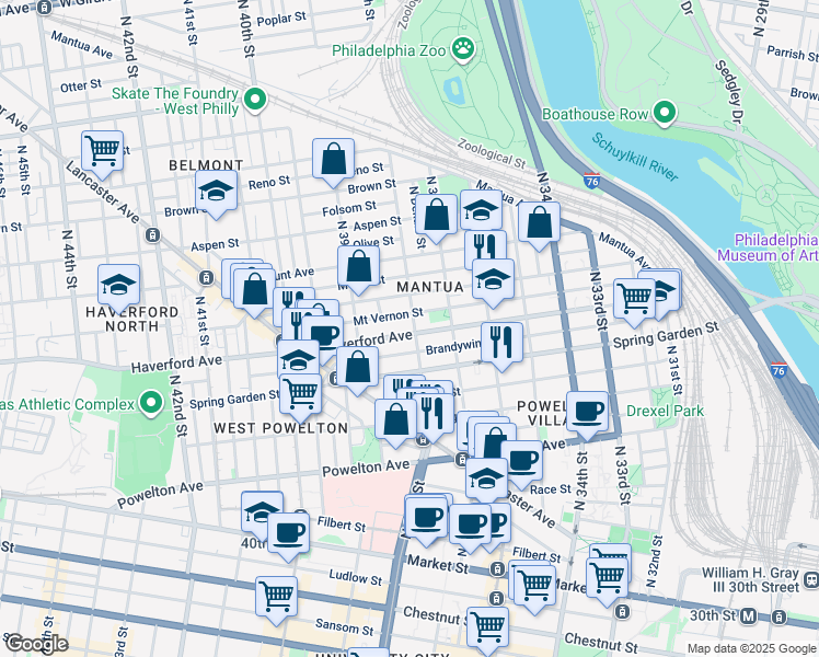 map of restaurants, bars, coffee shops, grocery stores, and more near 3803 Haverford Avenue in Philadelphia