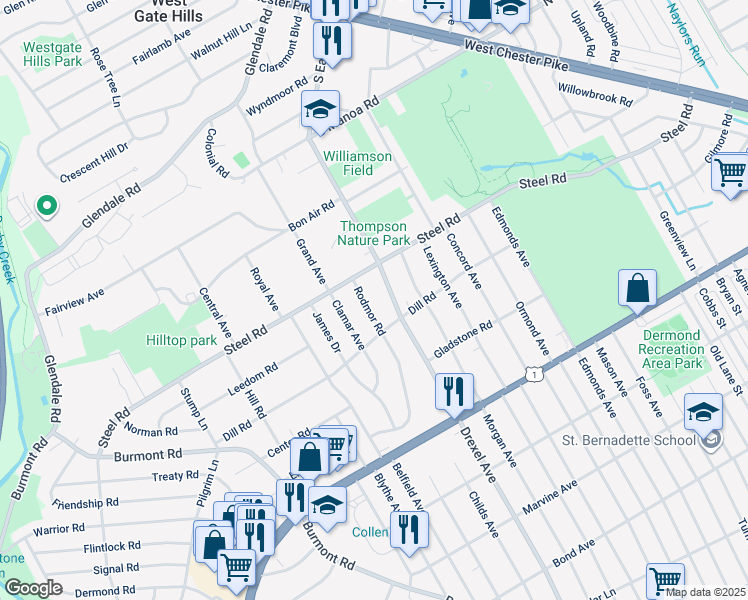 map of restaurants, bars, coffee shops, grocery stores, and more near 225 Rodmor Road in Havertown