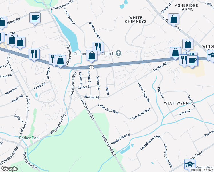 map of restaurants, bars, coffee shops, grocery stores, and more near Hill Street in West Chester