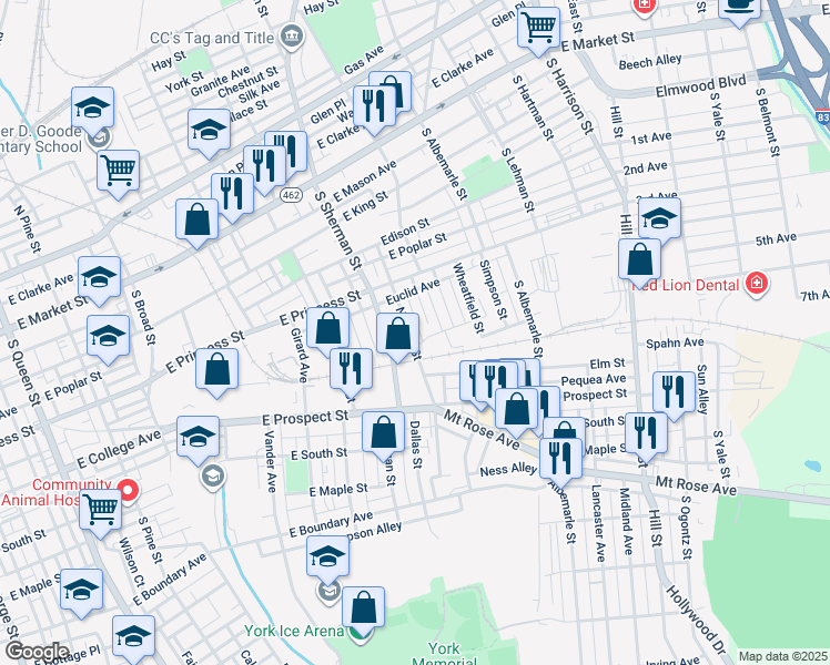 map of restaurants, bars, coffee shops, grocery stores, and more near 365 Norway Street in York