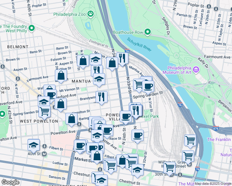 map of restaurants, bars, coffee shops, grocery stores, and more near 3409 Brandywine Street in Philadelphia