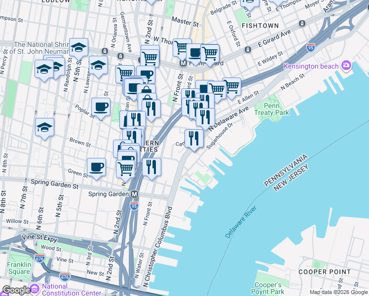map of restaurants, bars, coffee shops, grocery stores, and more near 626 North Delaware Avenue in Philadelphia