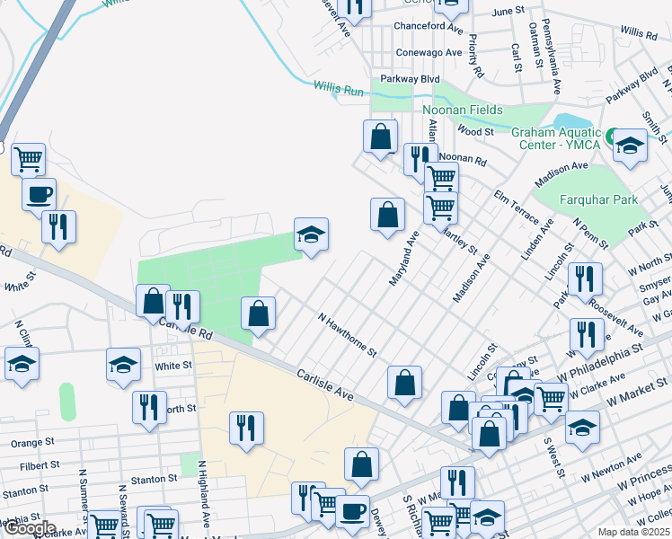 map of restaurants, bars, coffee shops, grocery stores, and more near 660 Texas Avenue in York