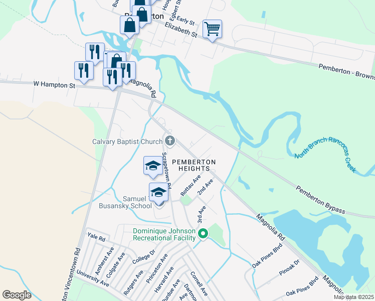 map of restaurants, bars, coffee shops, grocery stores, and more near Shady Lane in Pemberton