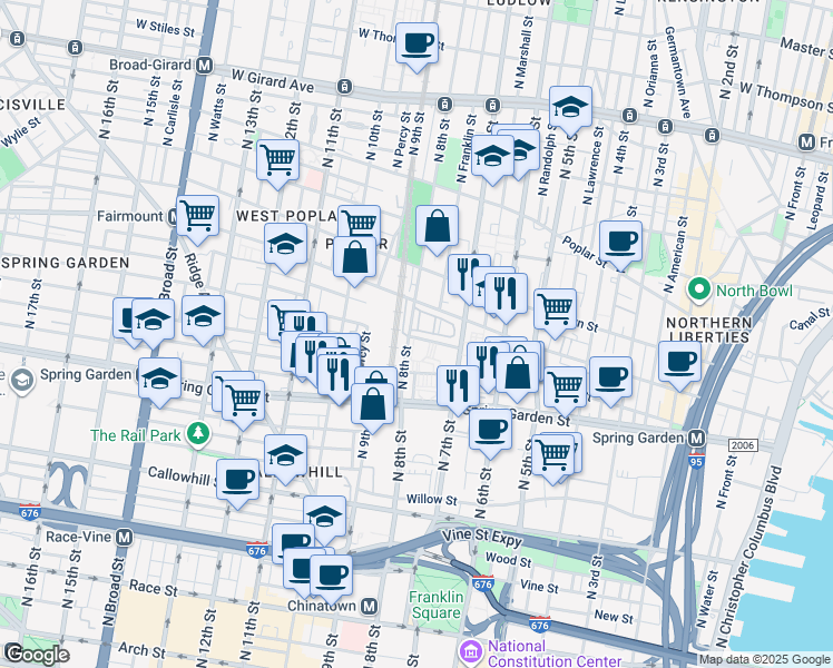 map of restaurants, bars, coffee shops, grocery stores, and more near 732 North Terrace in Philadelphia