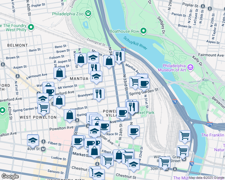map of restaurants, bars, coffee shops, grocery stores, and more near 3409 Brandywine Street in Philadelphia