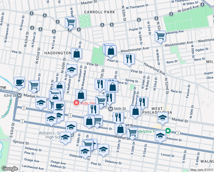 map of restaurants, bars, coffee shops, grocery stores, and more near 5651 Cherry Street in Philadelphia