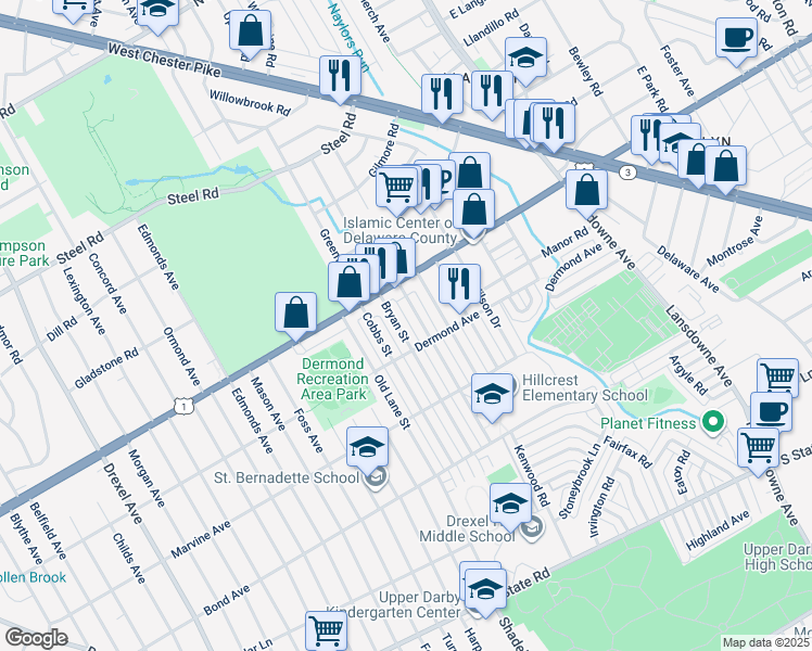map of restaurants, bars, coffee shops, grocery stores, and more near 1219 Bryan Street in Drexel Hill