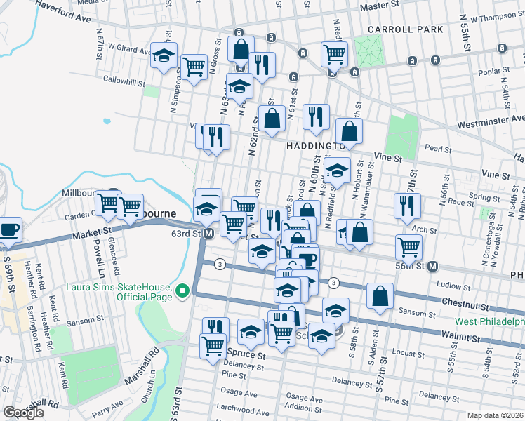 map of restaurants, bars, coffee shops, grocery stores, and more near 29 North Dewey Street in Philadelphia