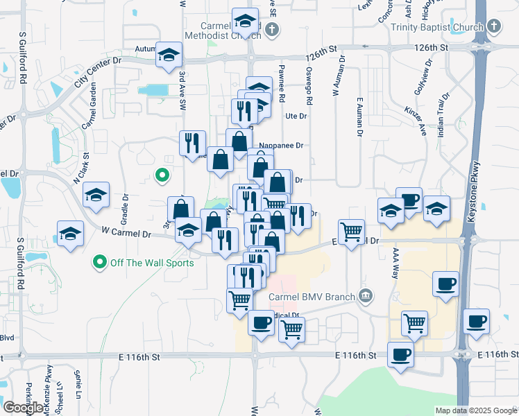 map of restaurants, bars, coffee shops, grocery stores, and more near 1200 South Rangeline Road in Carmel