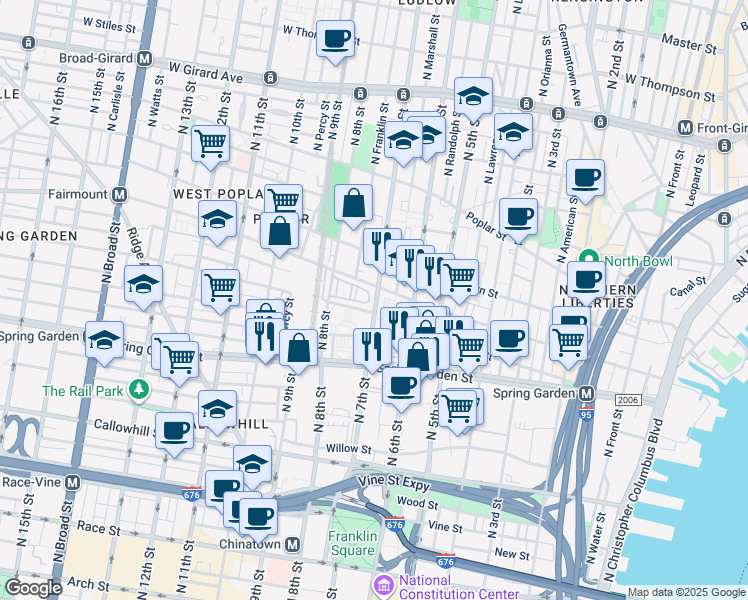 map of restaurants, bars, coffee shops, grocery stores, and more near 631 Beulah Place in Philadelphia