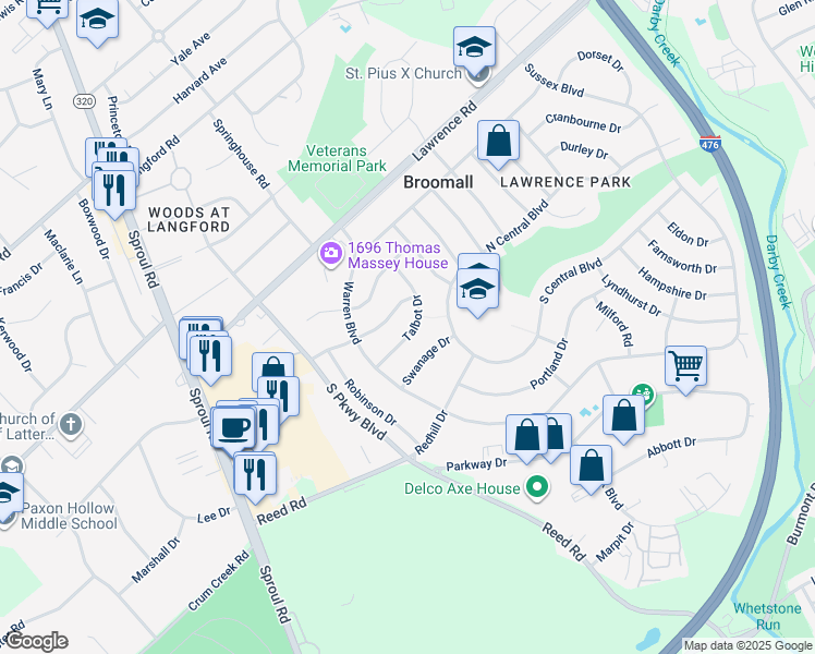 map of restaurants, bars, coffee shops, grocery stores, and more near 236 Talbot Drive in Broomall