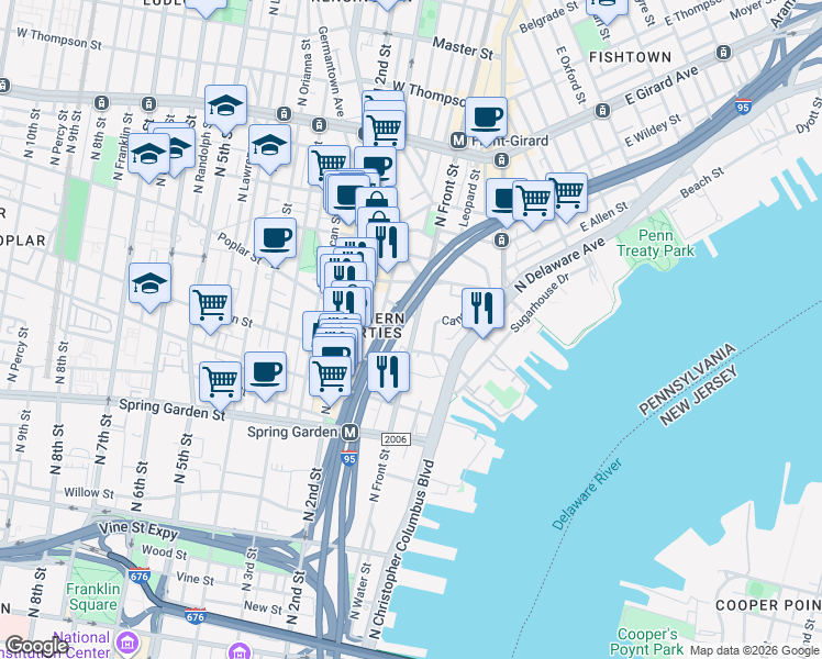 map of restaurants, bars, coffee shops, grocery stores, and more near 5 Poplar Street in Philadelphia