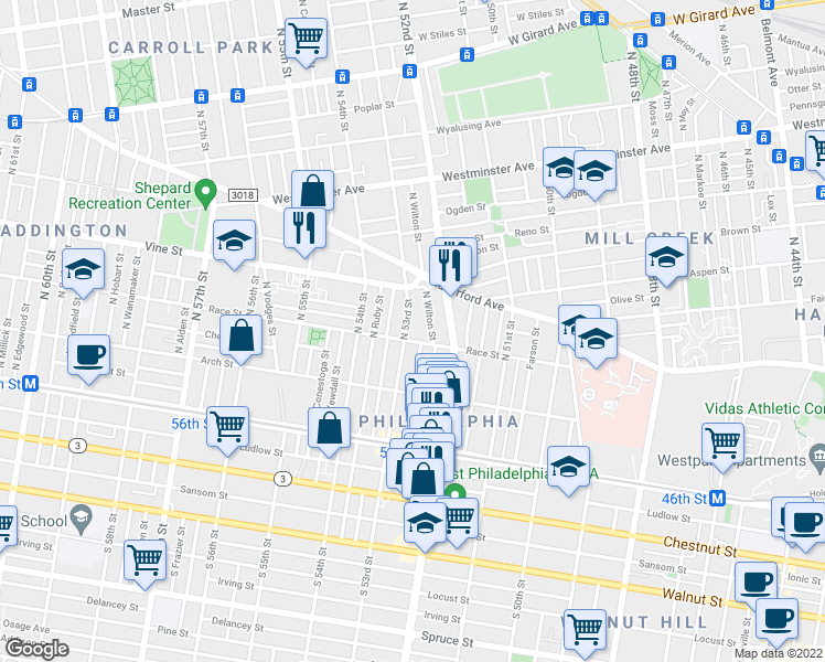 map of restaurants, bars, coffee shops, grocery stores, and more near 207 North 53rd Street in Philadelphia
