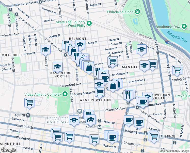 map of restaurants, bars, coffee shops, grocery stores, and more near 4013 Lancaster Avenue in Philadelphia