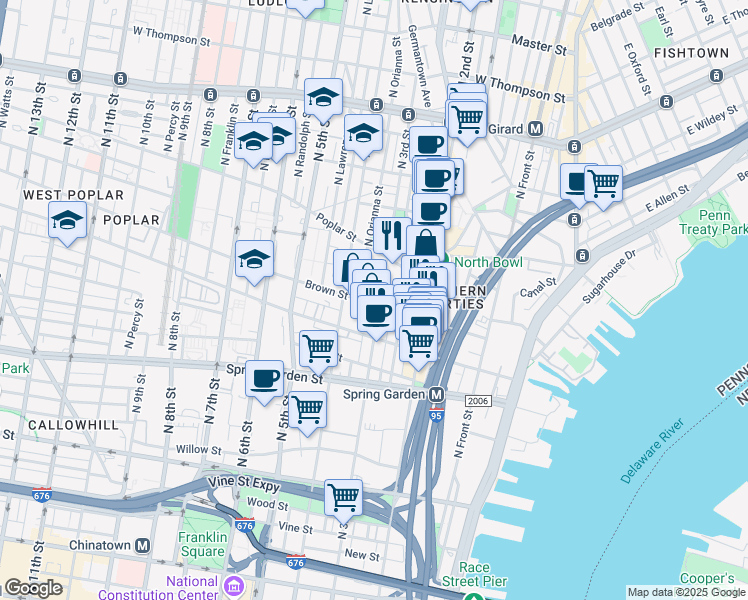 map of restaurants, bars, coffee shops, grocery stores, and more near 800 North 3rd Street in Philadelphia