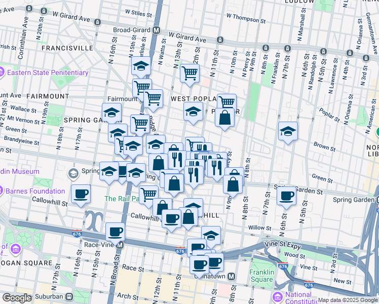 map of restaurants, bars, coffee shops, grocery stores, and more near 1119 Mount Vernon Street in Philadelphia