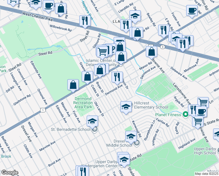 map of restaurants, bars, coffee shops, grocery stores, and more near 1209 Agnew Drive in Upper Darby