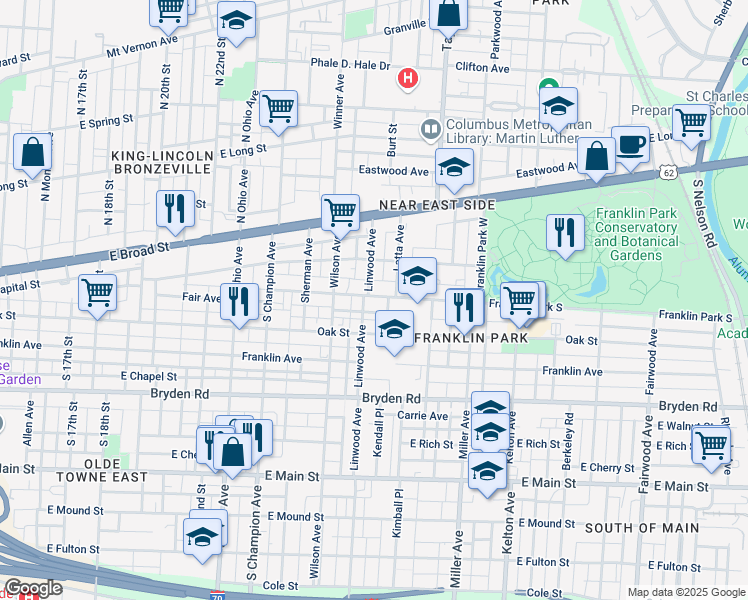 map of restaurants, bars, coffee shops, grocery stores, and more near 1335 Fair Avenue in Columbus