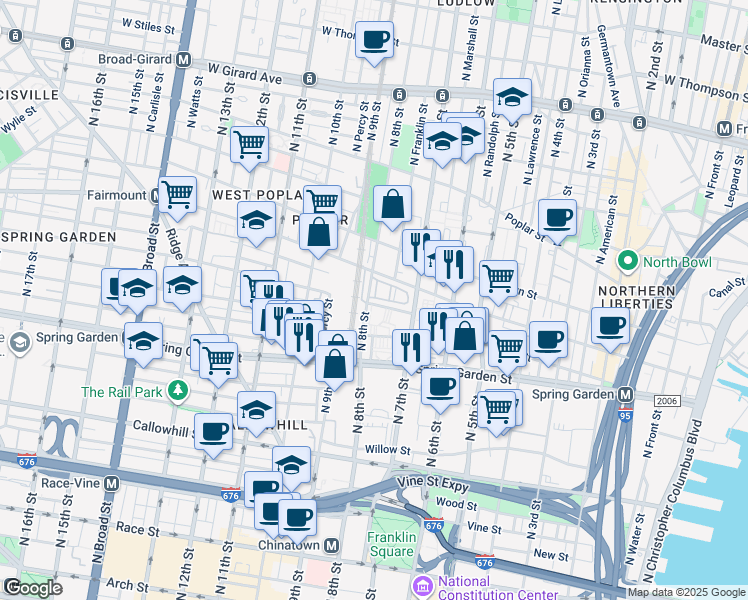 map of restaurants, bars, coffee shops, grocery stores, and more near 736 North Terrace in Philadelphia