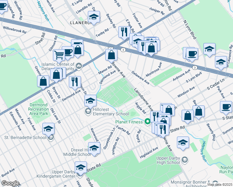 map of restaurants, bars, coffee shops, grocery stores, and more near 8400 Lansdowne Avenue in Upper Darby