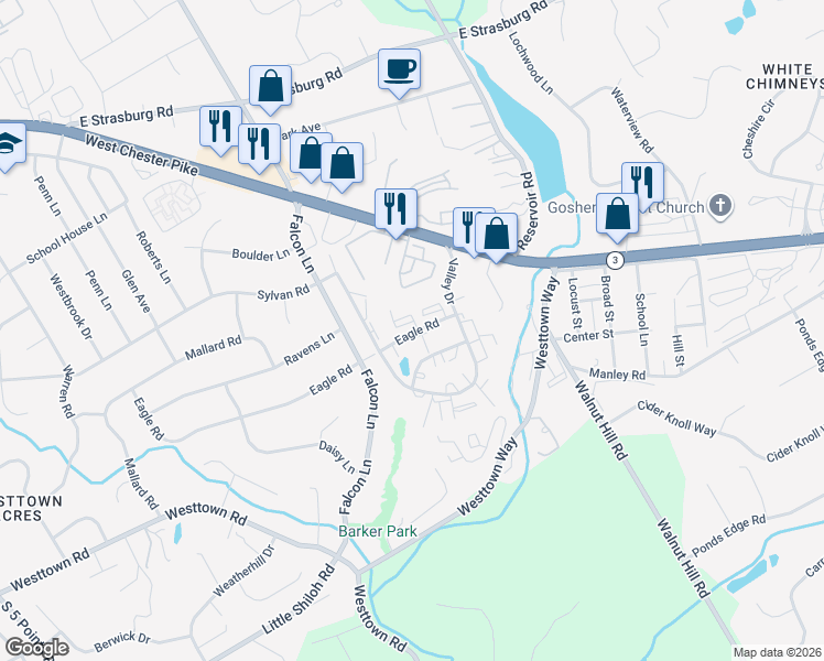map of restaurants, bars, coffee shops, grocery stores, and more near 2202 Eagle Road in West Chester