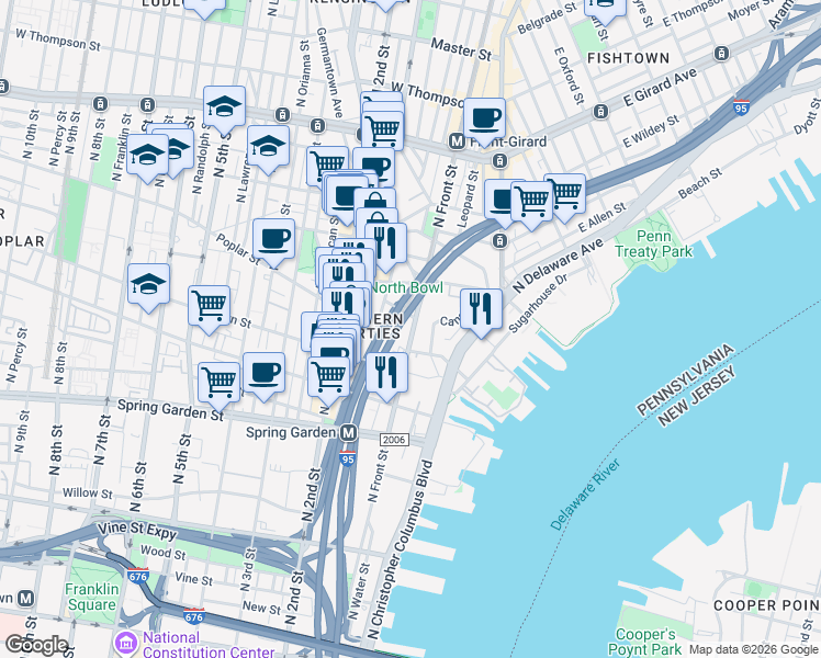 map of restaurants, bars, coffee shops, grocery stores, and more near 5 Poplar Street in Philadelphia