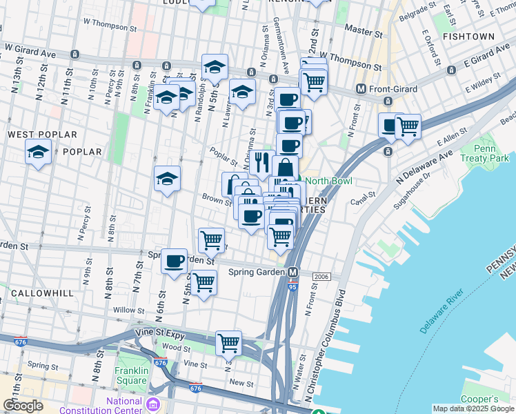 map of restaurants, bars, coffee shops, grocery stores, and more near 728 North Bodine Street in Philadelphia