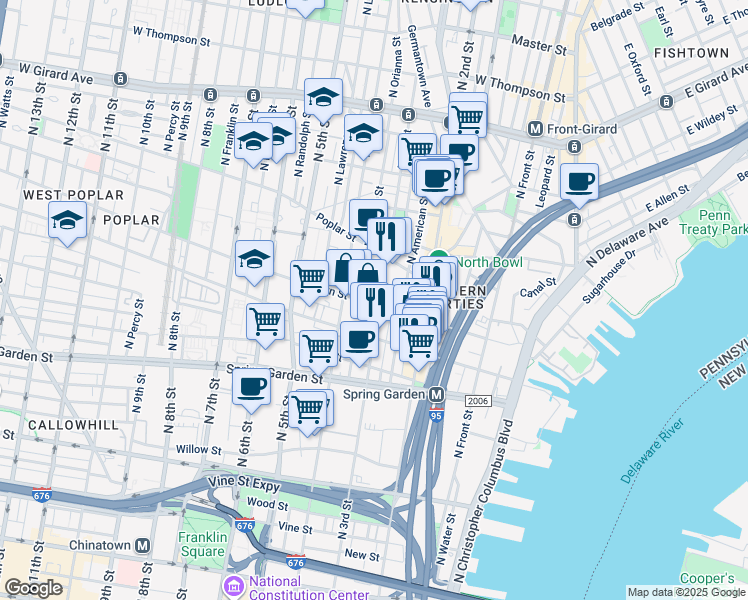 map of restaurants, bars, coffee shops, grocery stores, and more near 728 North Bodine Street in Philadelphia