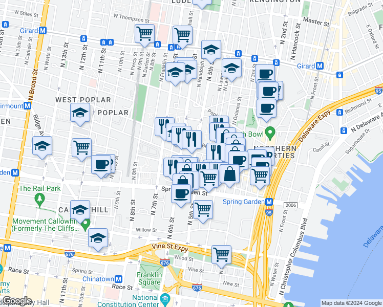 map of restaurants, bars, coffee shops, grocery stores, and more near 638 North 5th Street in Philadelphia